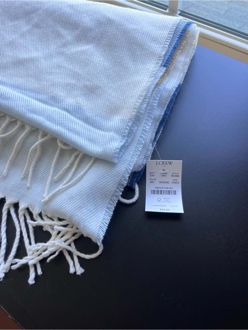 NWT J.Crew Classic Blue Striped Fringe Scarf